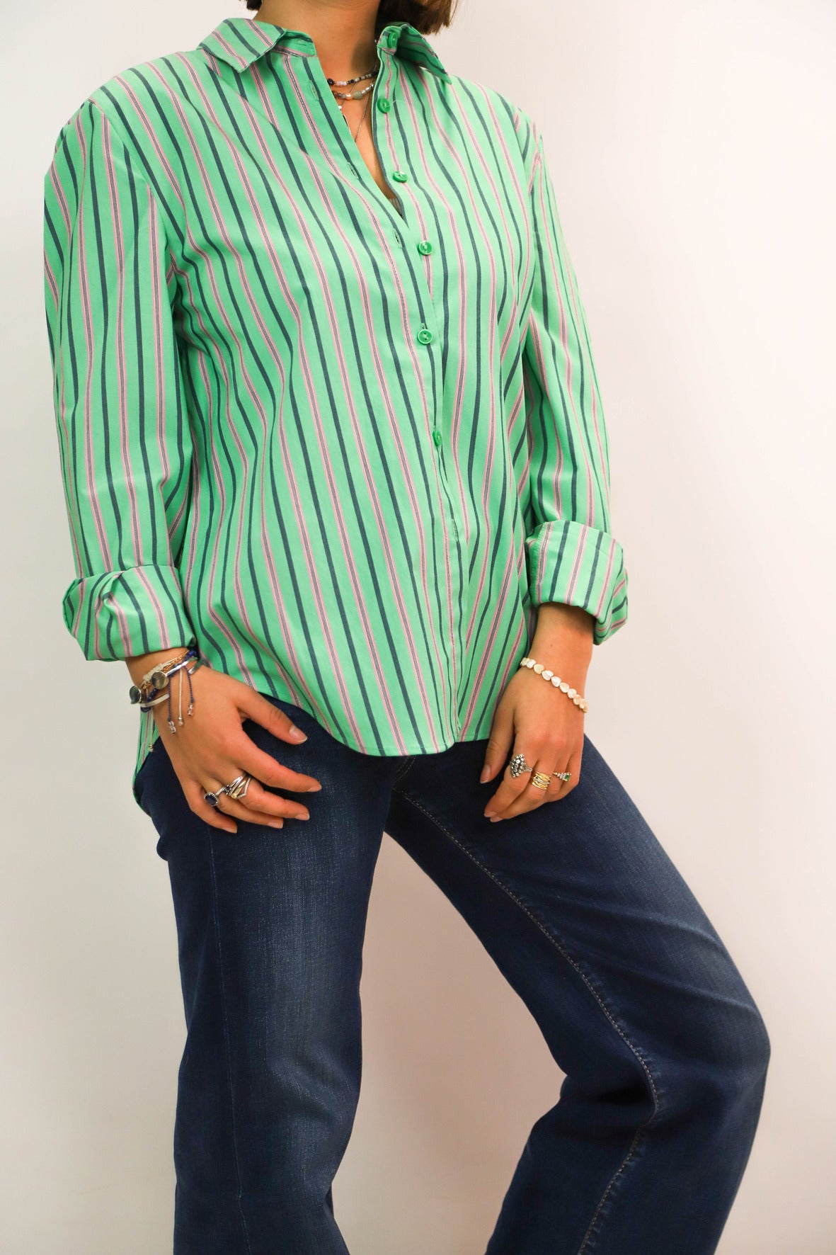 Chemise verte à rayures roses Taille M