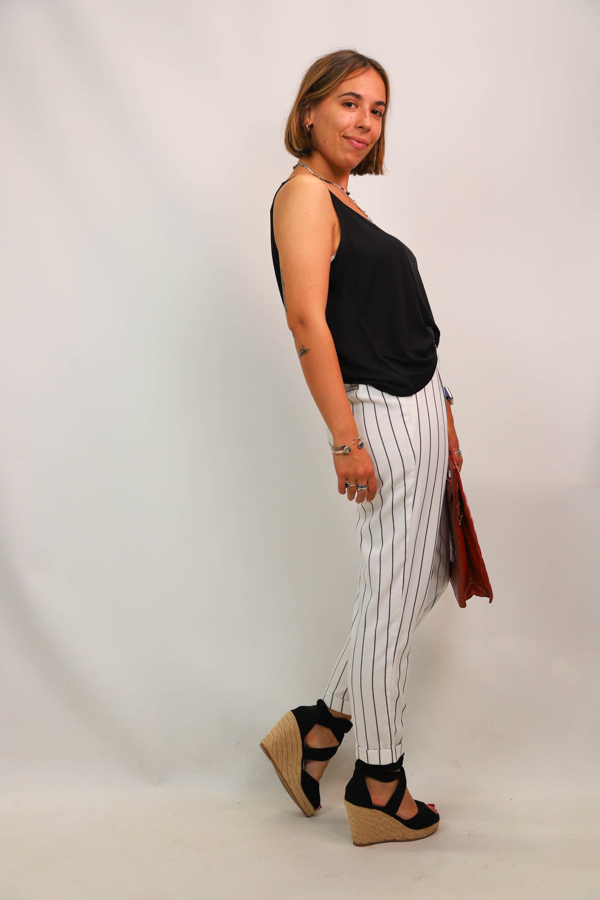 Pantalon rayé blanc et noir Bershka Taille XS