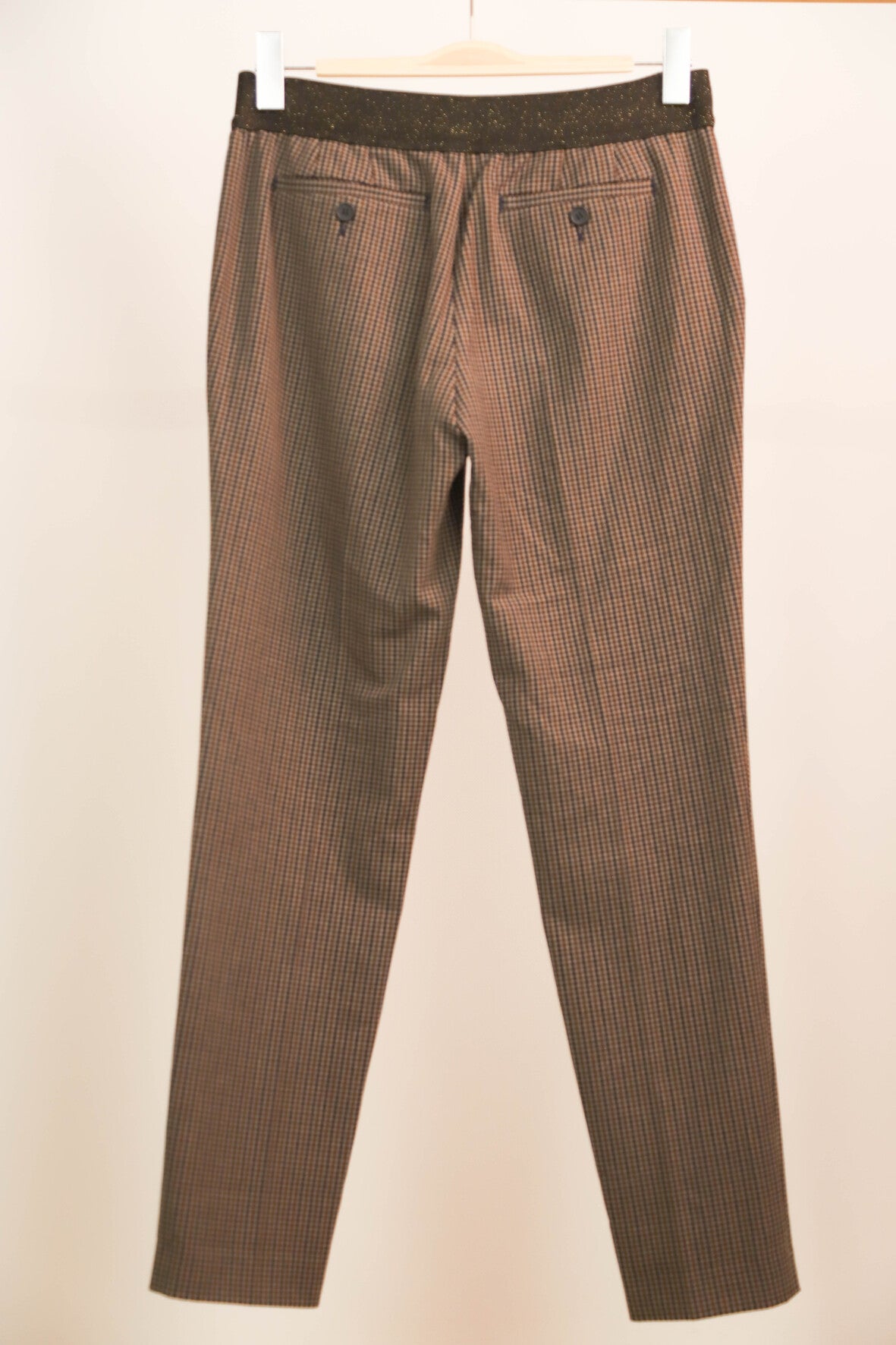 Pantalon marron à petits carreaux bleus, taille élastique MKT Taille M