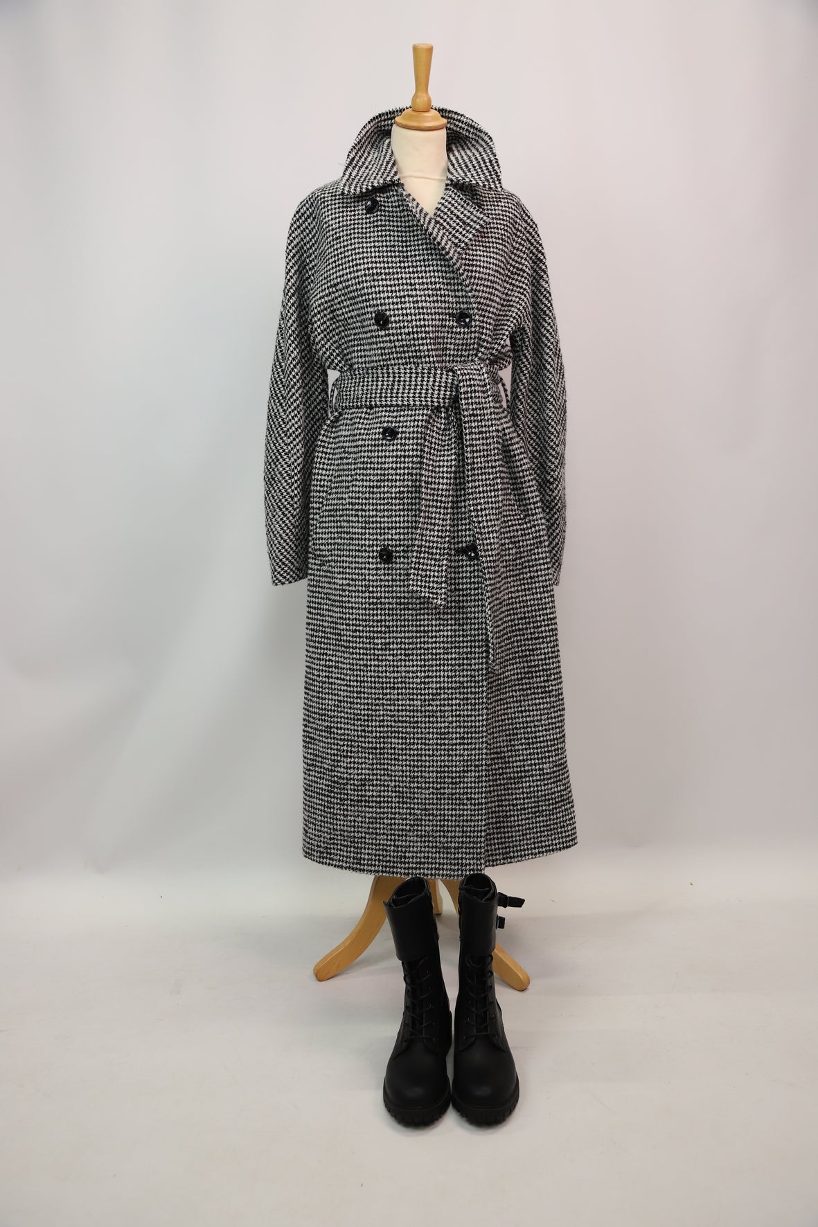 Manteau long à carreaux noir et blanc, Caroll, XL