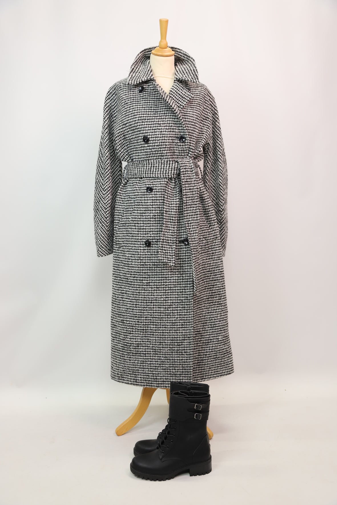 Manteau long à carreaux noir et blanc, Caroll, XL