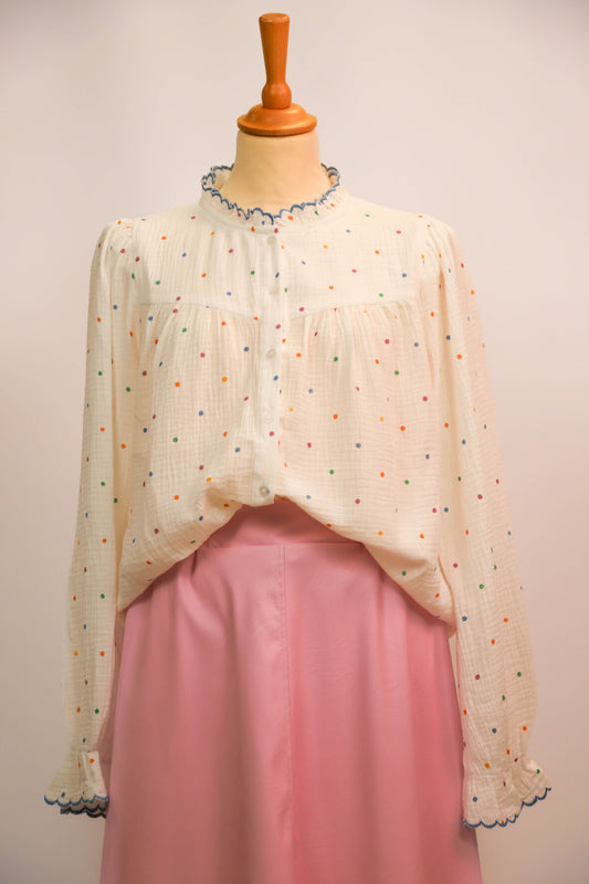 Chemisier gaz de coton blanc à pois Emma Ella Taille L