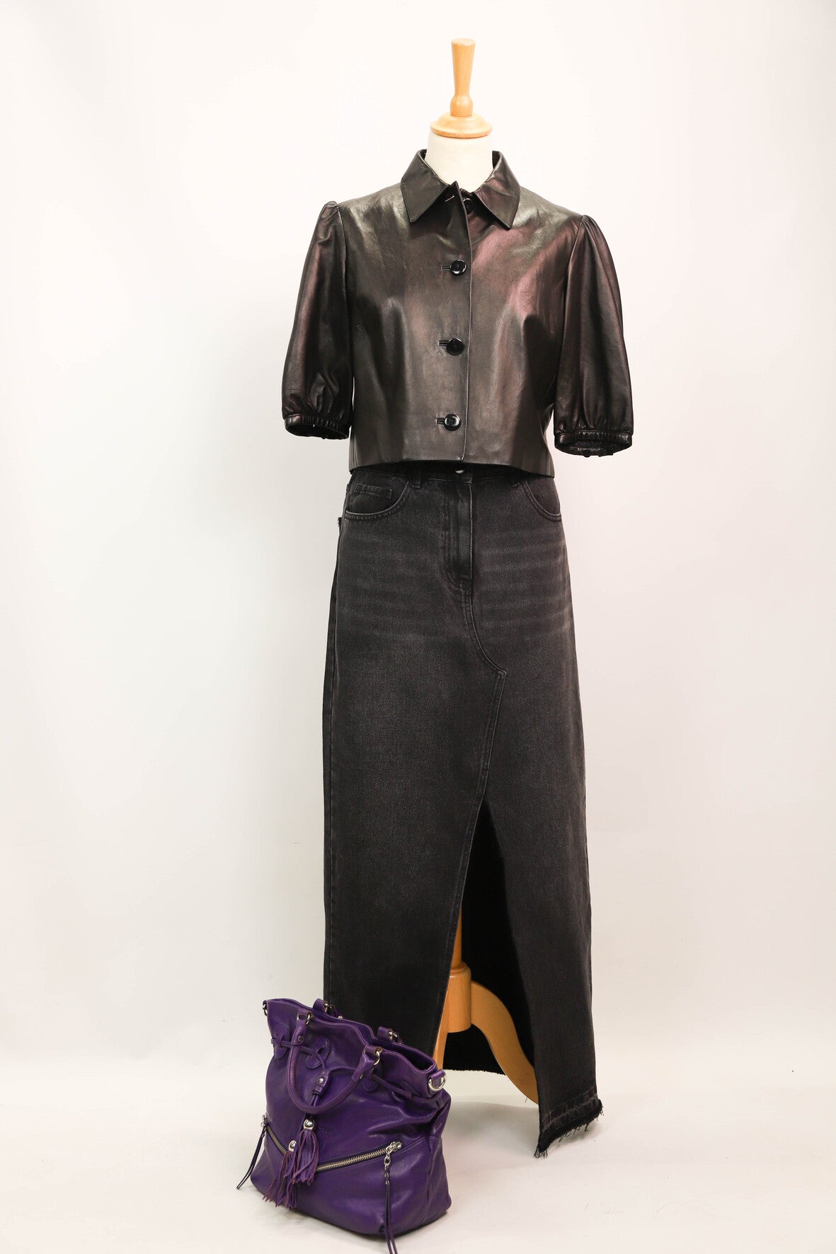 Chemise noire en cuir, manches courtes,  Ralph Lauren, Taille S - PEPITE