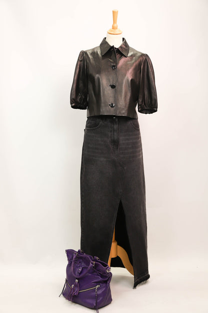Chemise noire en cuir, manches courtes,  Ralph Lauren, Taille S - PEPITE