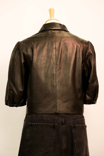 Chemise noire en cuir, manches courtes,  Ralph Lauren, Taille S - PEPITE