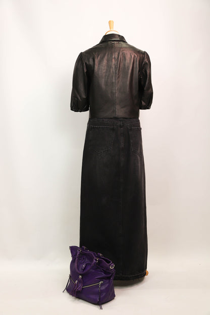 Chemise noire en cuir, manches courtes,  Ralph Lauren, Taille S - PEPITE