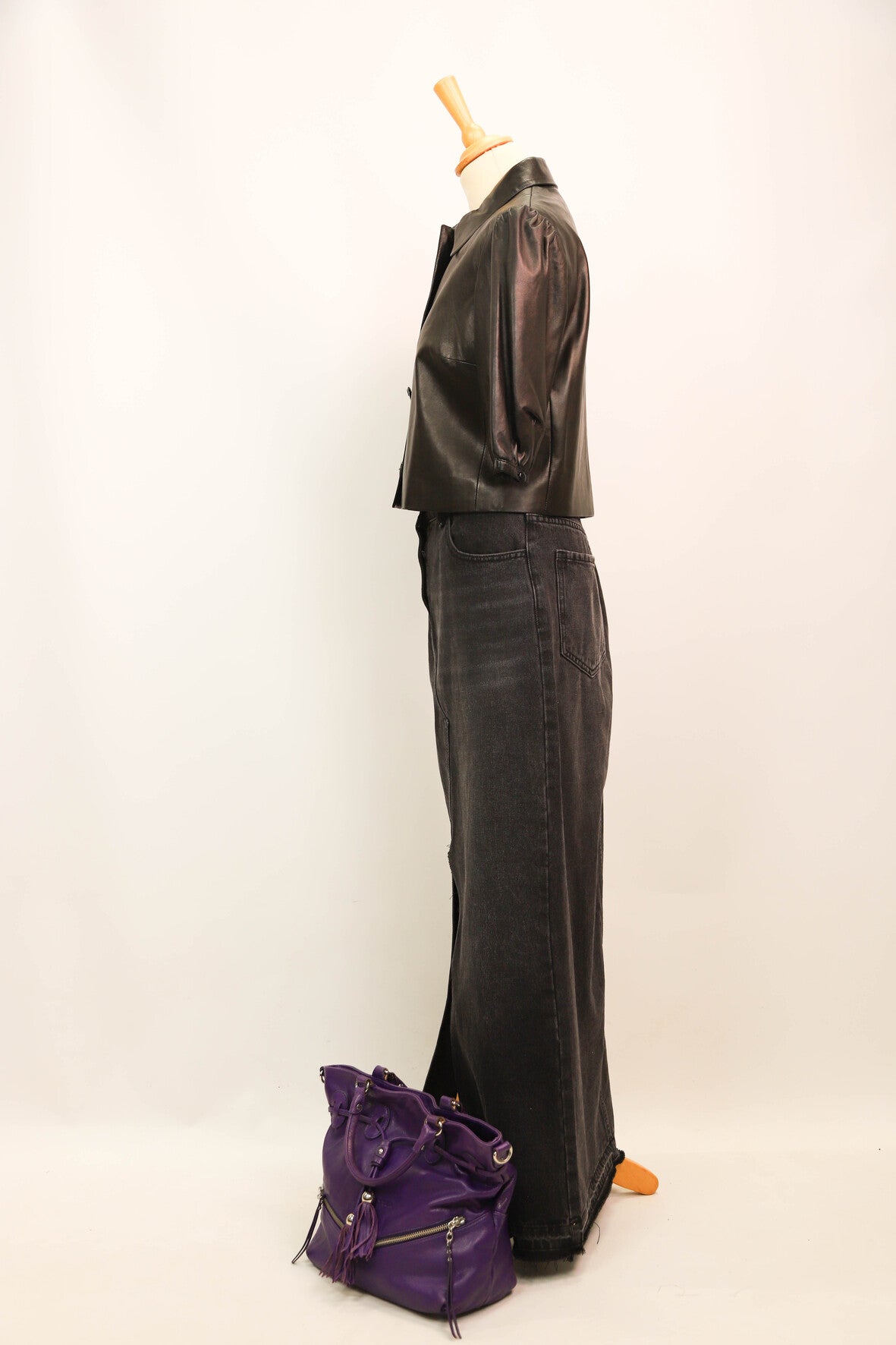 Chemise noire en cuir, manches courtes,  Ralph Lauren, Taille S - PEPITE