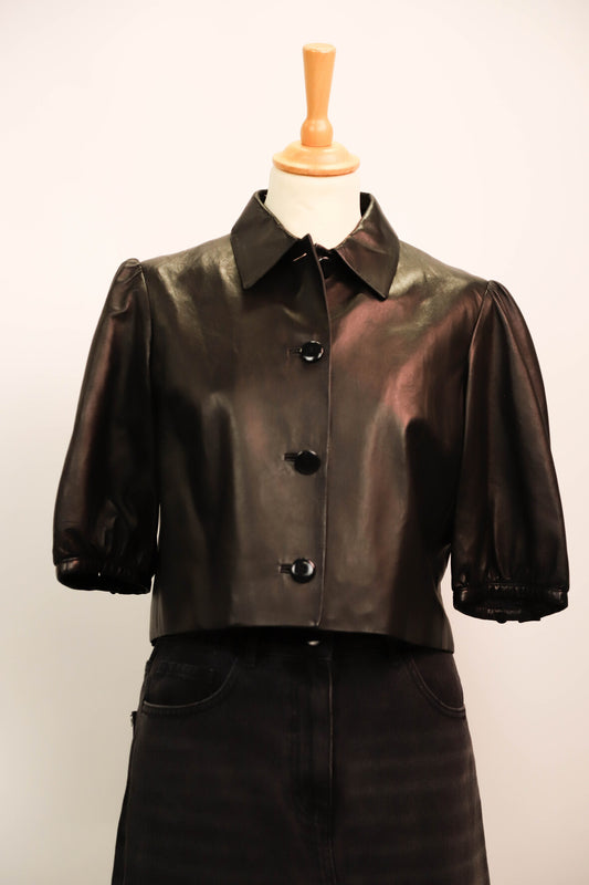 Chemise noire en cuir, manches courtes,  Ralph Lauren, Taille S - PEPITE