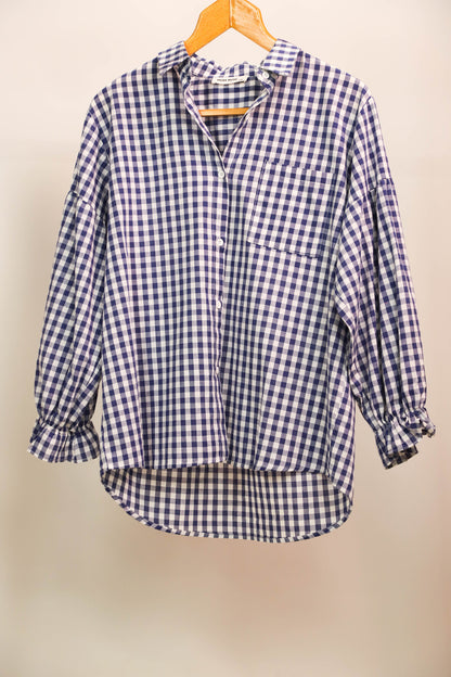 Chemise bleue vichy avec poche à la poitrine, poignées avec petits volants et élastiques Musy Muse Taille M
