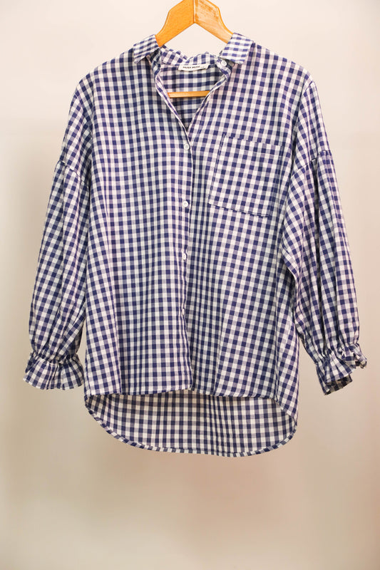 Chemise bleue vichy avec poche à la poitrine, poignées avec petits volants et élastiques Musy Muse Taille M