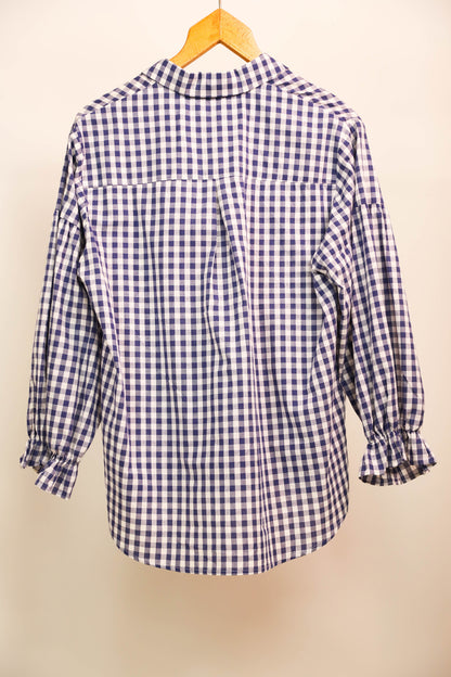 Chemise bleue vichy avec poche à la poitrine, poignées avec petits volants et élastiques Musy Muse Taille M