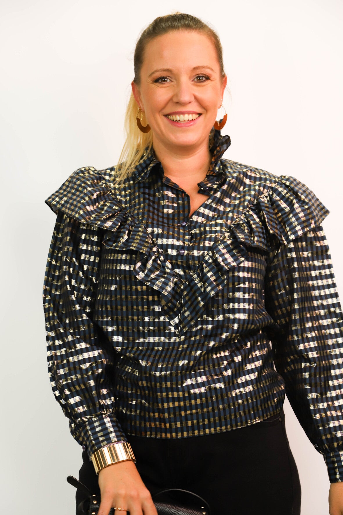 Blouse à carreaux dorés et bleus  Taille L