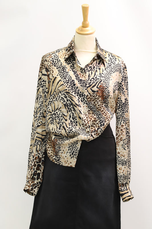Chemisier en soie imprimé léopard beige Fred Lansac Neuilly Taille XL