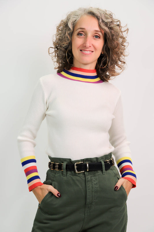 Pull ecru avec rayures multicolore Taille S