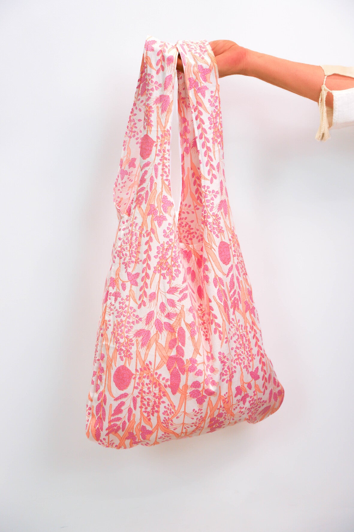 Sac en tissu fleuri orange et rose Fringuette La Ligne
