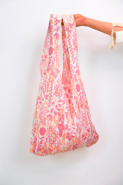 Sac en tissu fleuri orange et rose Fringuette La Ligne