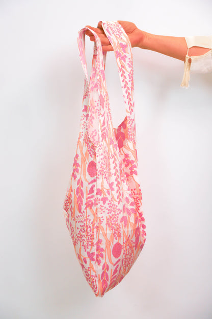 Sac en tissu fleuri orange et rose Fringuette La Ligne