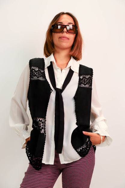 Gilet sans manches noir, crochet et daim, Taille M