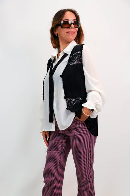 Gilet sans manches noir, crochet et daim, Taille M