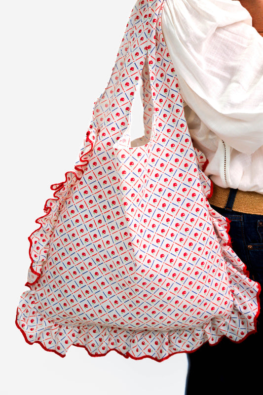 Sac en tissu rouge et blanc motif pomme Fringuette La Ligne