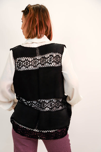 Gilet sans manches noir, crochet et daim, Taille M