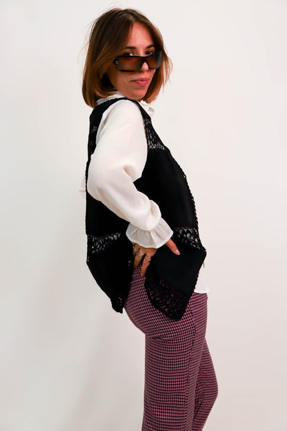 Gilet sans manches noir, crochet et daim, Taille M