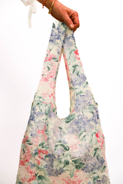 Sac en tissu fleuri rose et mauve Fringuette La Ligne