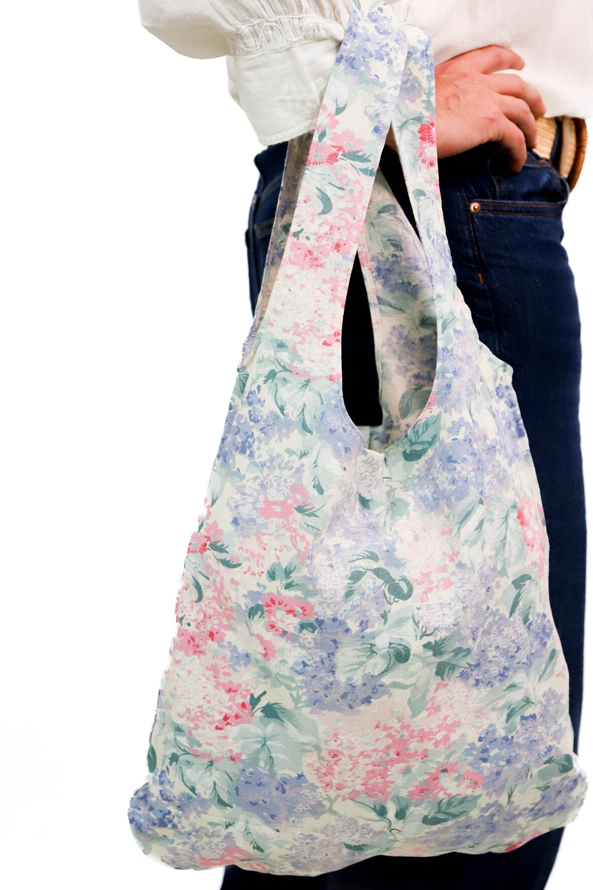 Sac en tissu fleuri rose et mauve Fringuette La Ligne