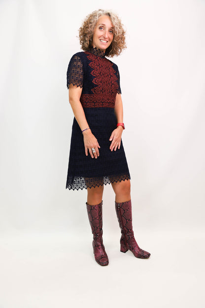 Robe dentelle bleue et bronze Sandro Taille S