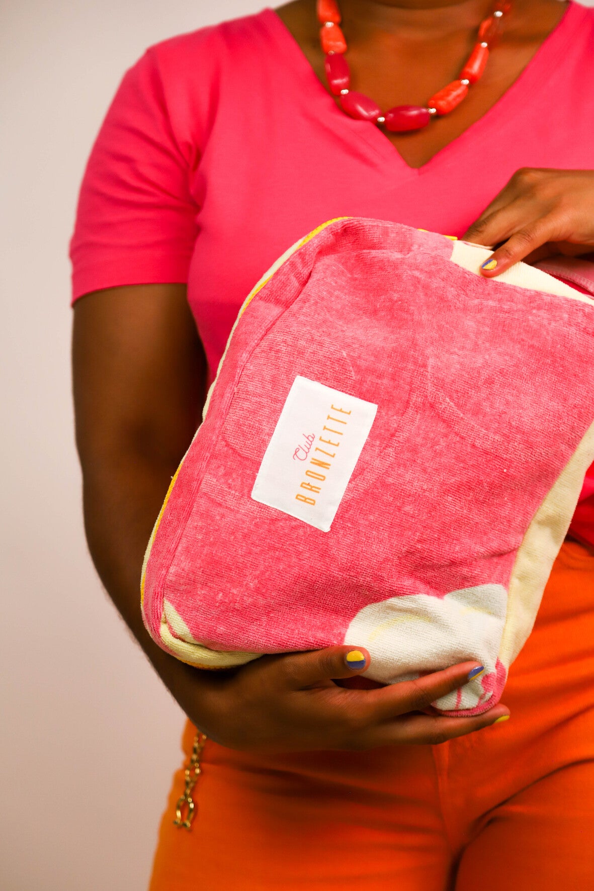 Grande pochette Club Bronzette, Fringuette La Ligne, rose et jaune