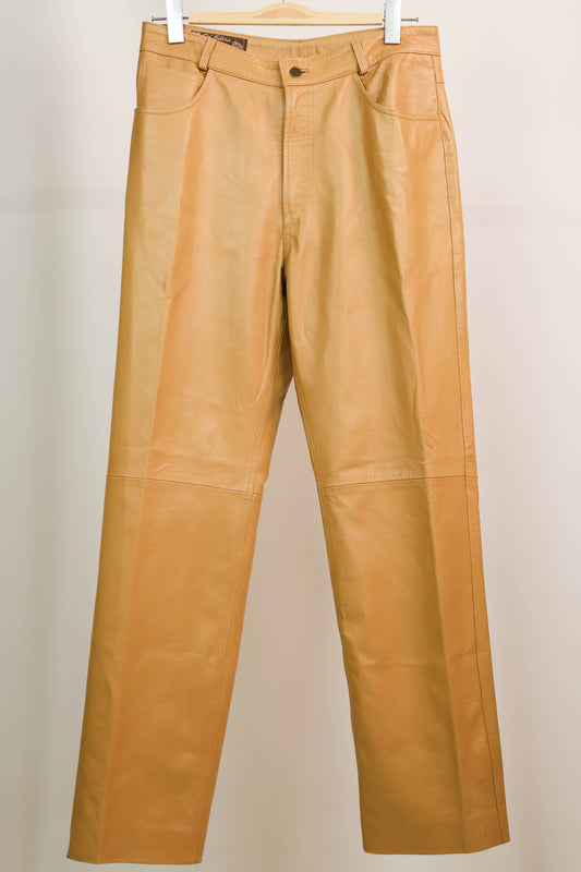 Pantalon camel en cuir véritable, doublure intérieure - Galerie Birkemeyer Taille XL /42