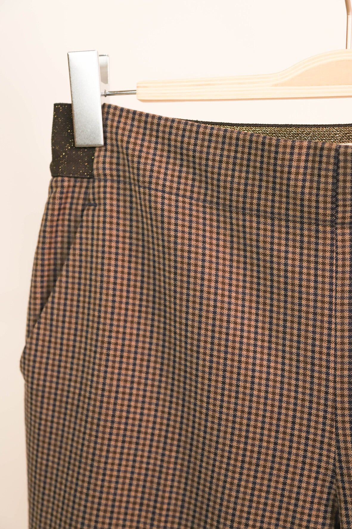 Pantalon marron à petits carreaux bleus, taille élastique MKT Taille M