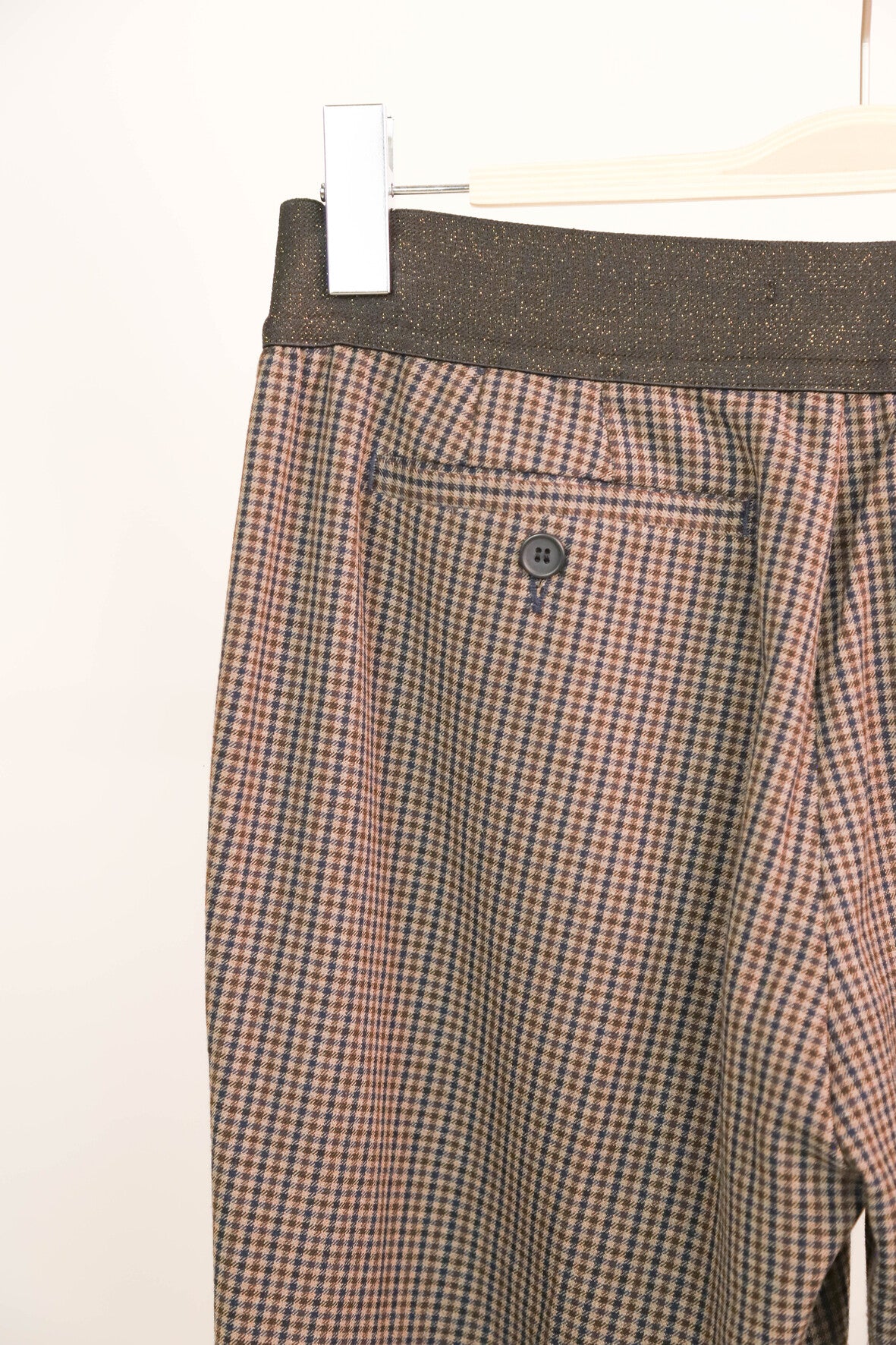 Pantalon marron à petits carreaux bleus, taille élastique MKT Taille M
