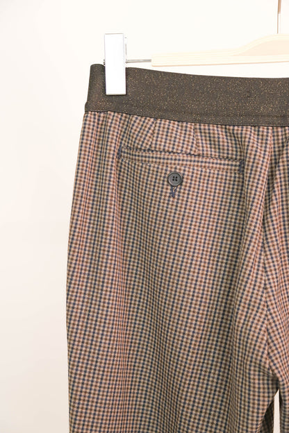 Pantalon marron à petits carreaux bleus, taille élastique MKT Taille M