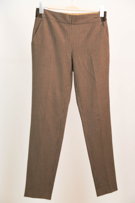 Pantalon marron à petits carreaux bleus, taille élastique MKT Taille M