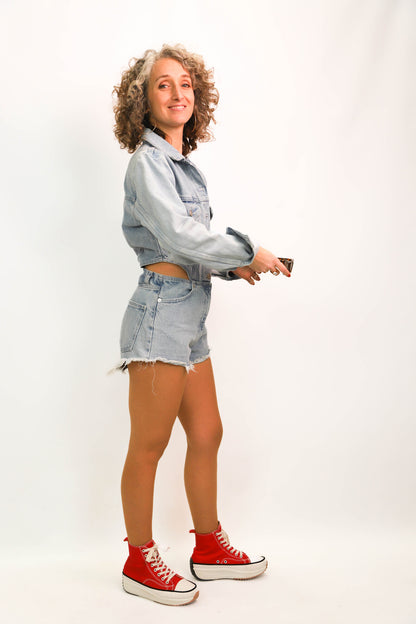 Combi short en jean bleu clair, ouverte sur les hanches, Zara Taille S