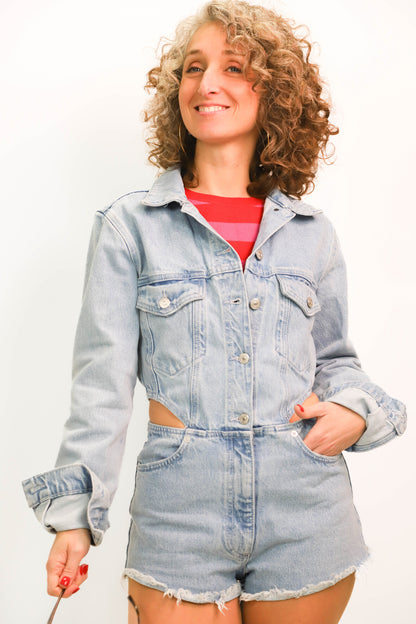 Combi short en jean bleu clair, ouverte sur les hanches, Zara Taille S
