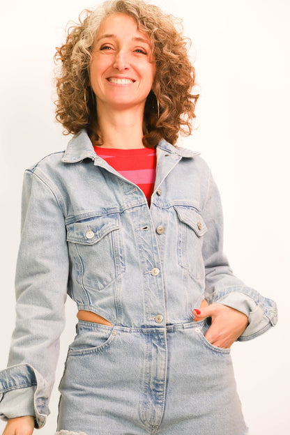 Combi short en jean bleu clair, ouverte sur les hanches, Zara Taille S