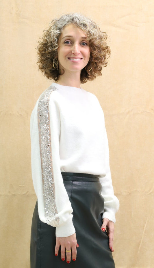 Pull bllanc manches brodées "Version Féminin" Taille Unique (M/L) - NEUF