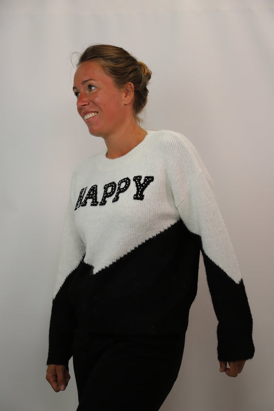 Pull "Happy" noir et blanc, Version Feminin, Taille M/L