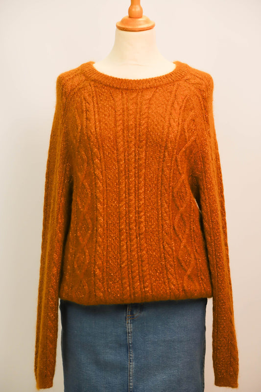 Pull jaune doré à col rond, maille torsadée fils dorés DPH Taille L