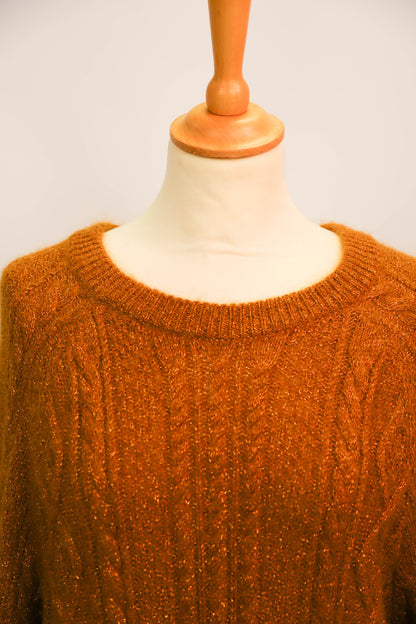 Pull jaune doré à col rond, maille torsadée fils dorés DPH Taille L