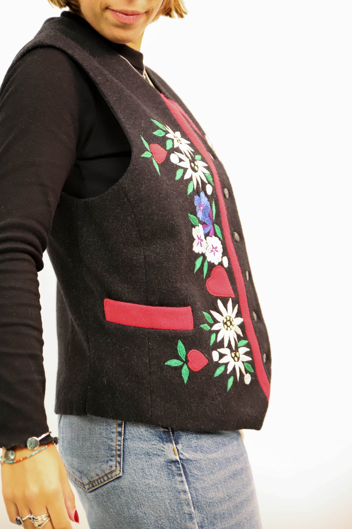 Gilet sans manches noir avec motif floral, Naf Naf, Taille S