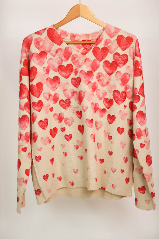 Pull beige coeurs roses Taille XL