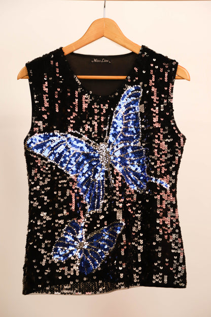 Haut à sequins noir et bleu Miss Line Taille M