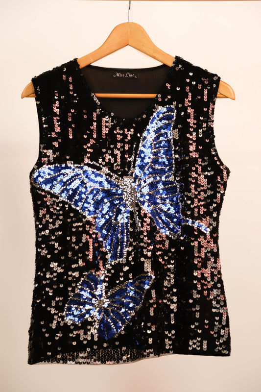 Haut à sequins noir et bleu Miss Line Taille M