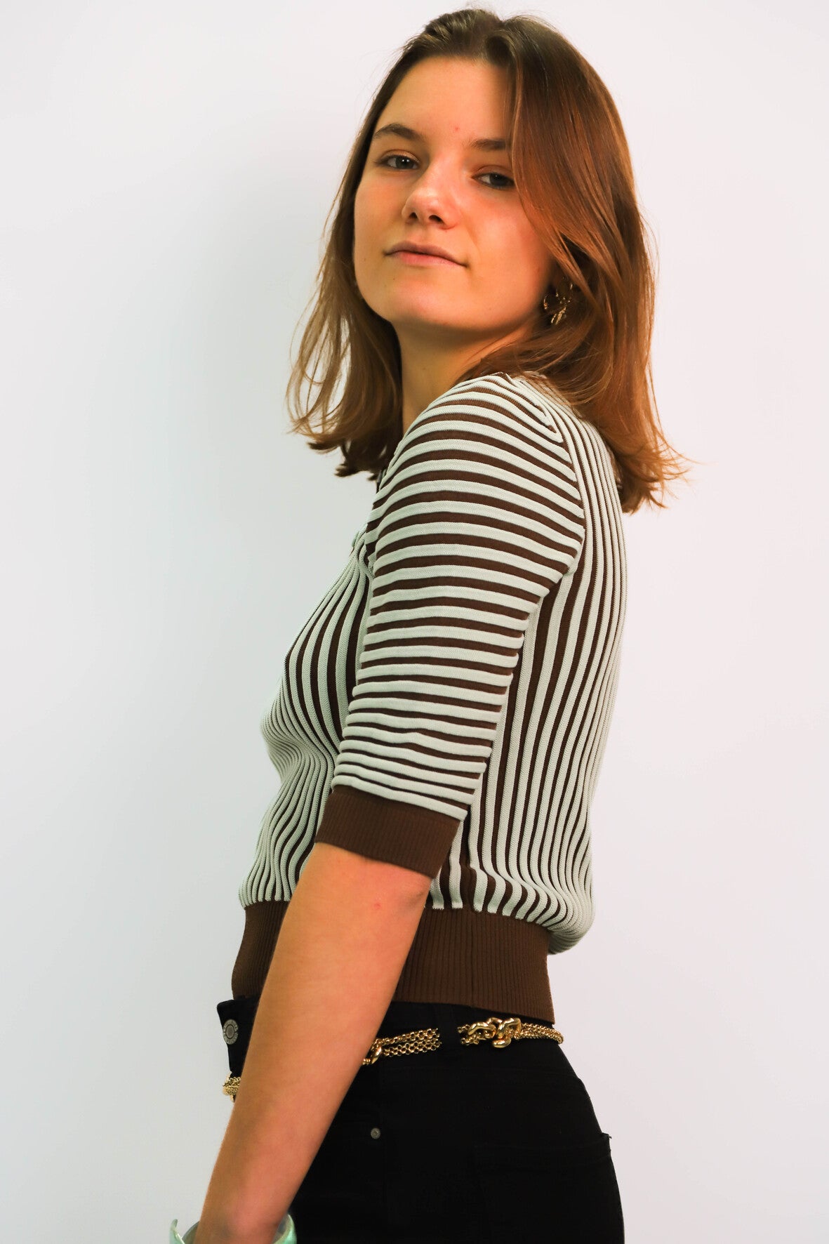 Polo rayé marron et vert Zara Taille M