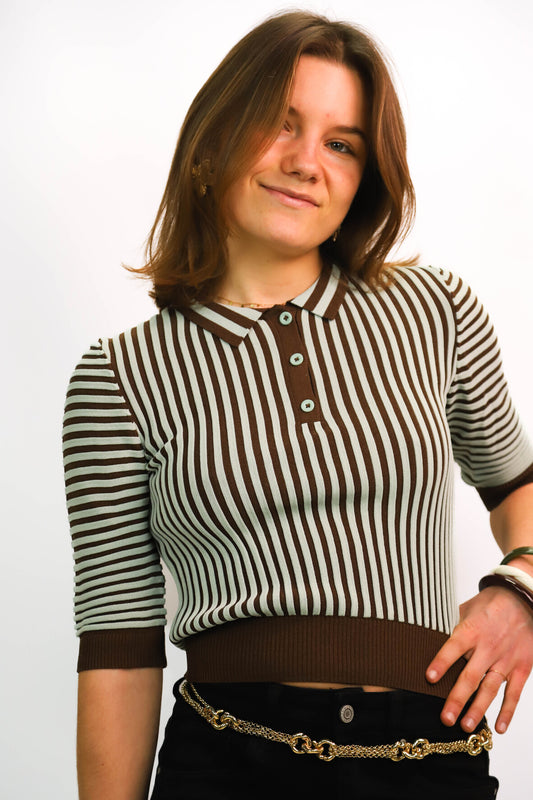 Polo rayé marron et vert Zara Taille M
