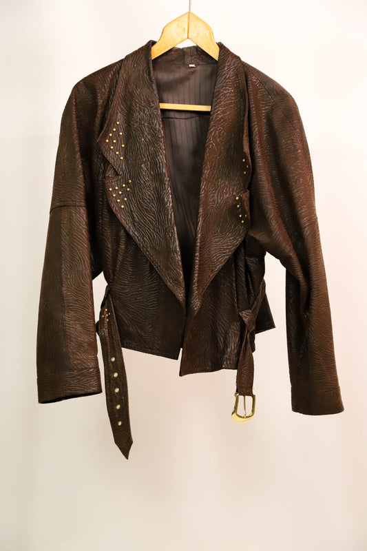 Veste marron en cuir, effet zébré en relief, clous dorés - Mieles Jomo Taille M