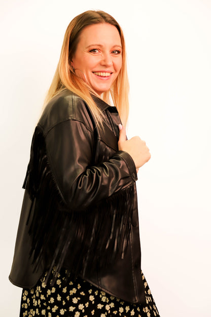 Veste noire simili cuir avec franges Deluc Taille M - NEUF